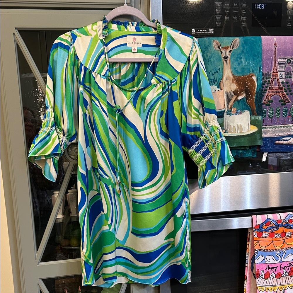 JB by Julie Brown Blue and Green Swirl Silky Tunic Mini Dress Small